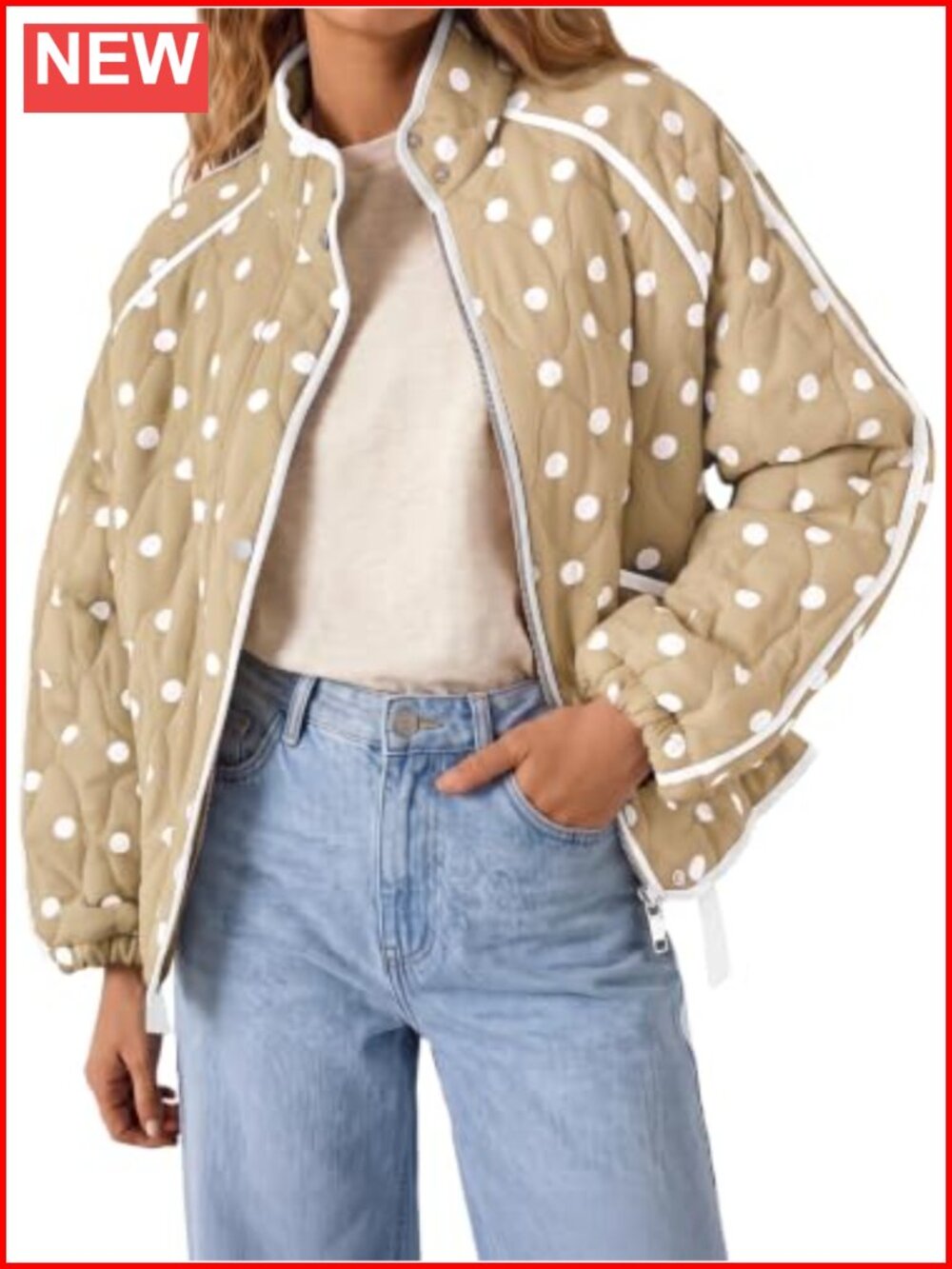 Women's Quilted Polka Dot Lightweight Zip Up Jacket Trendy Retro Coat